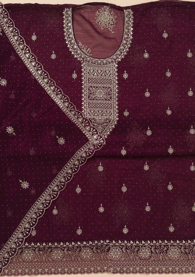 Wine Zariwork Art Silk Unstitched Salwar Suit