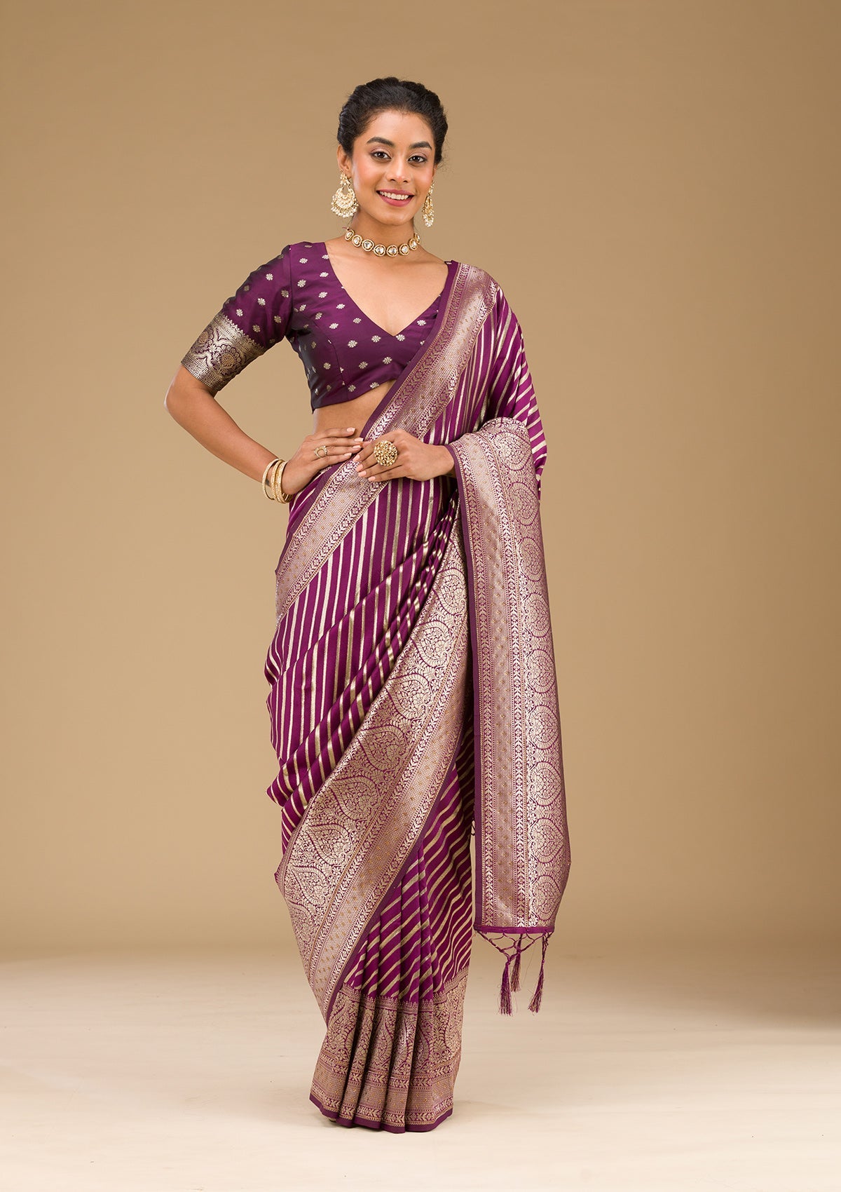 Wine Zariwork Banarasi Saree-Koskii