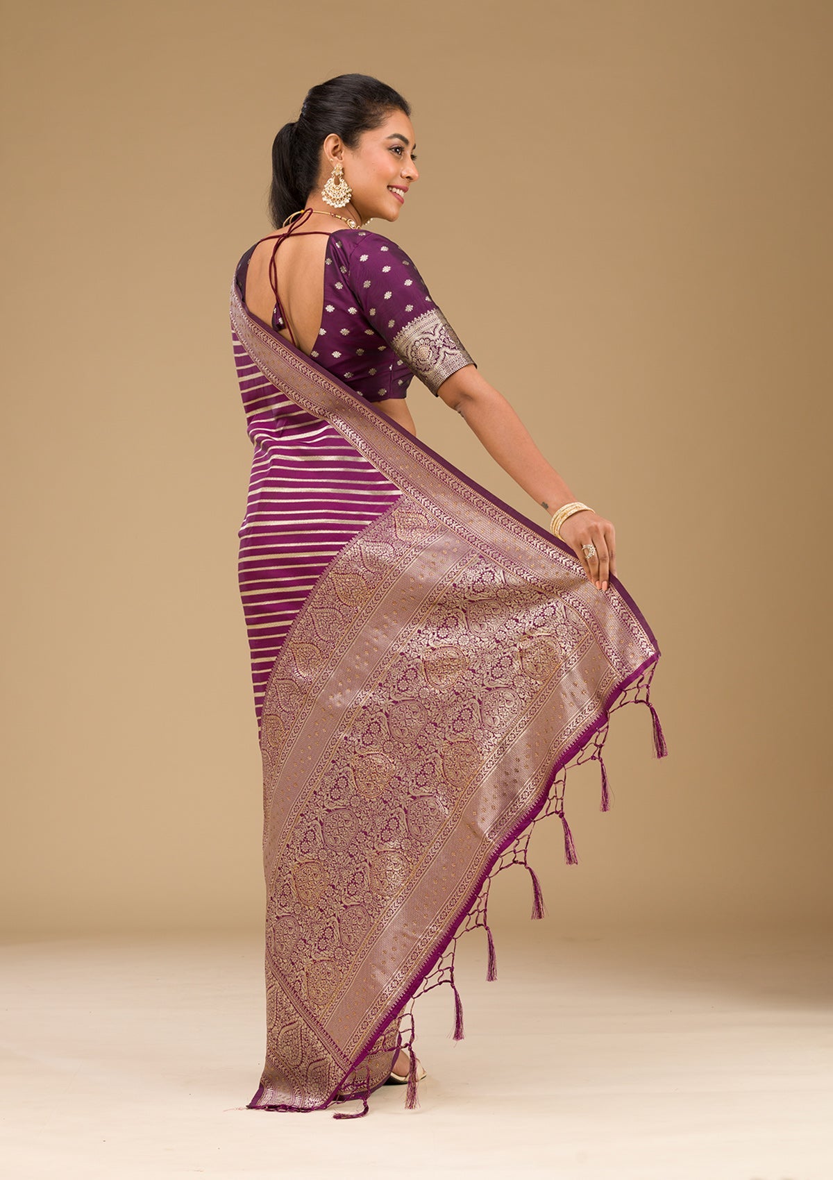 Wine Zariwork Banarasi Saree-Koskii