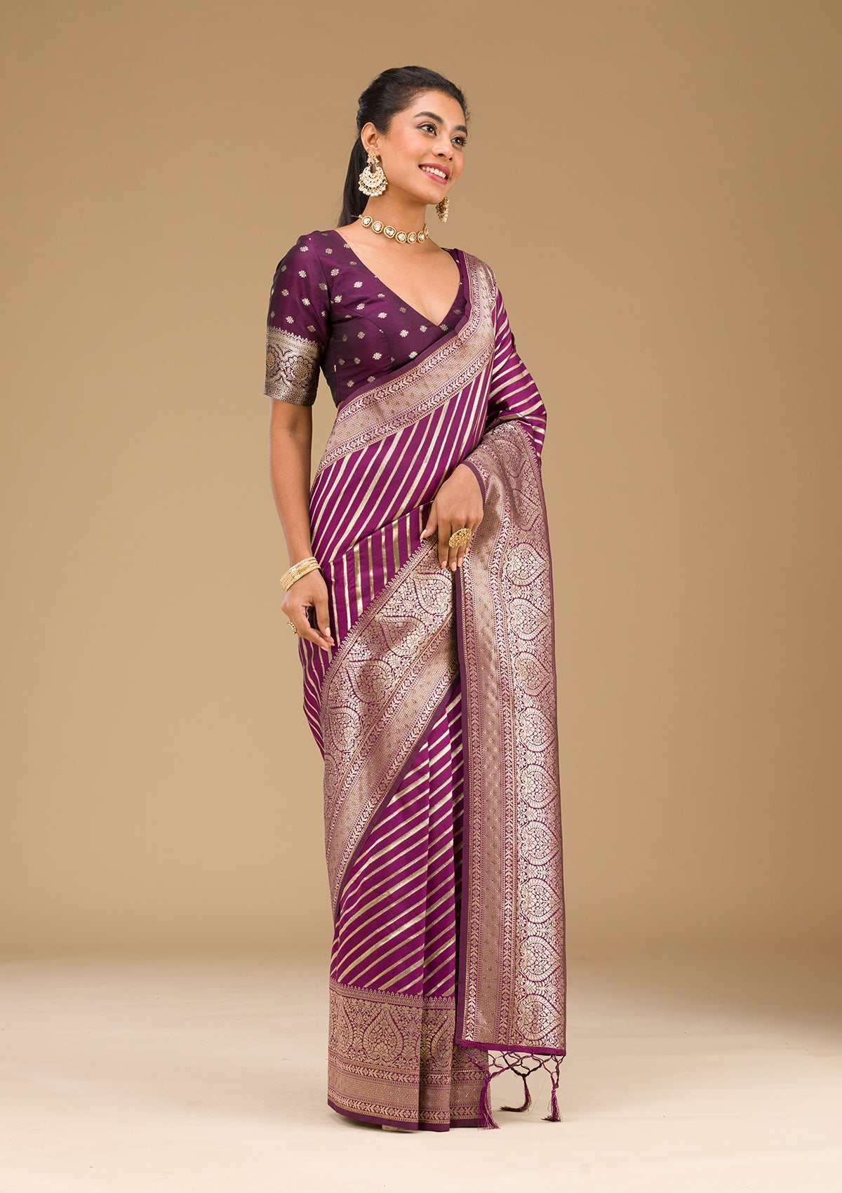 Wine Zariwork Banarasi Saree-Koskii