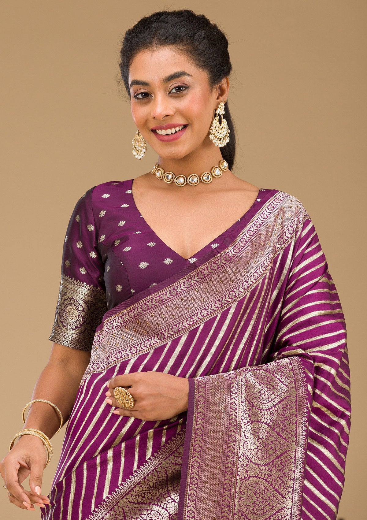 Wine Zariwork Banarasi Saree-Koskii