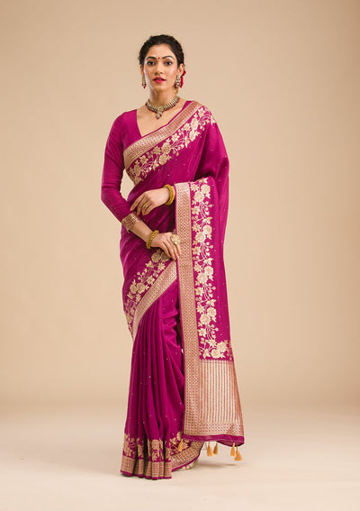 Wine Zariwork Banarasi Silk Saree-Koskii