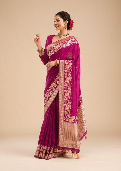 Wine Zariwork Banarasi Silk Saree-Koskii