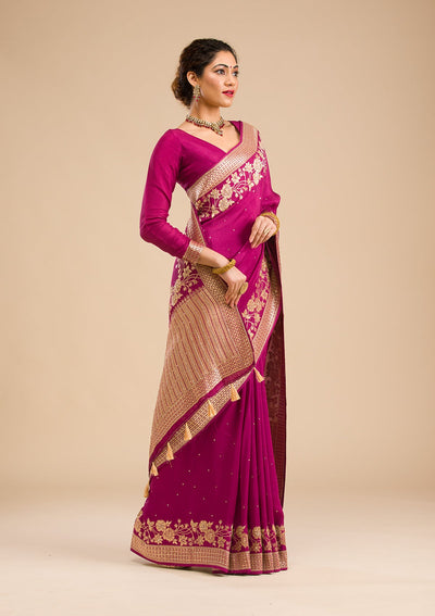 Wine Zariwork Banarasi Silk Saree-Koskii