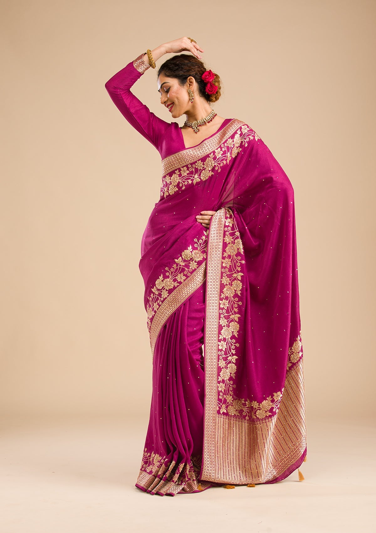 Wine Zariwork Banarasi Silk Saree-Koskii