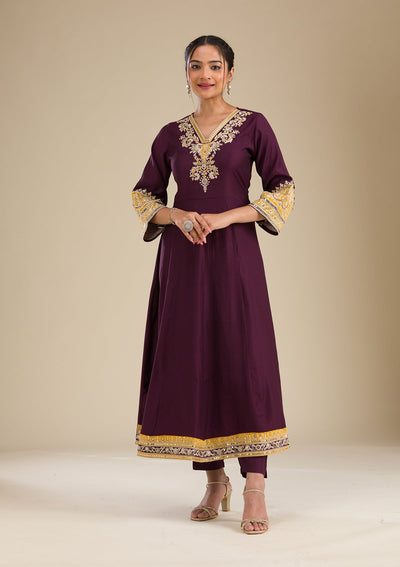 Wine Zariwork Chiffon Readymade Salwar Suit-Koskii