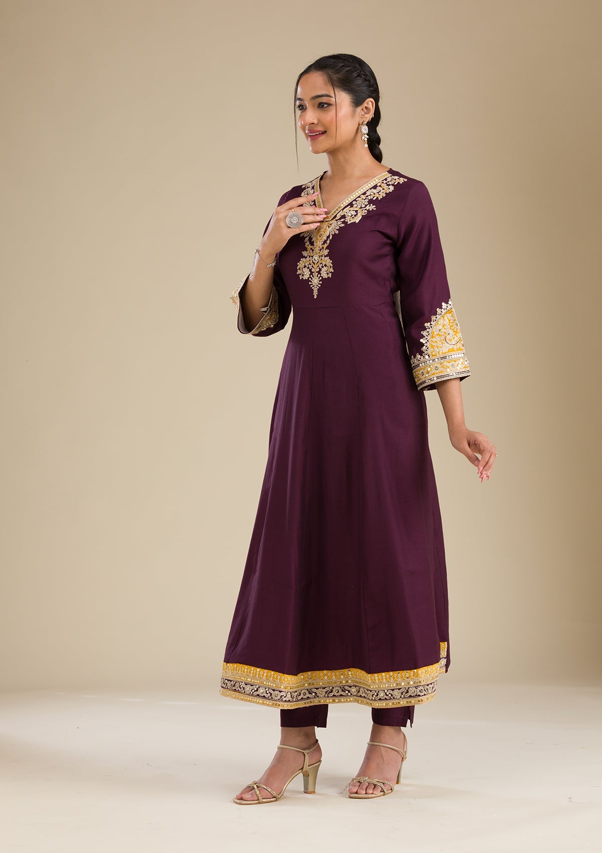 Wine Zariwork Chiffon Readymade Salwar Suit-Koskii