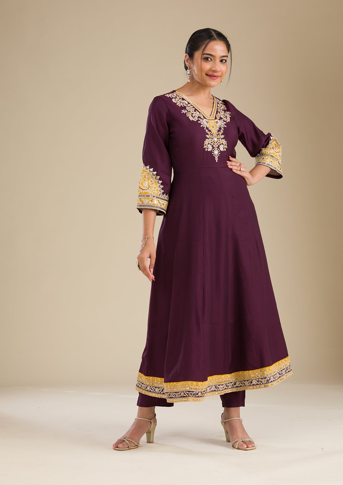 Wine Zariwork Chiffon Readymade Salwar Suit-Koskii