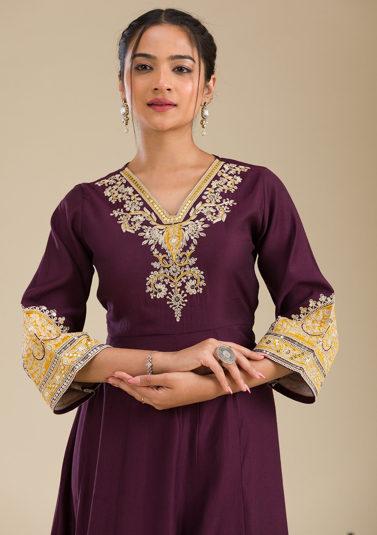 Wine Zariwork Chiffon Readymade Salwar Suit-Koskii