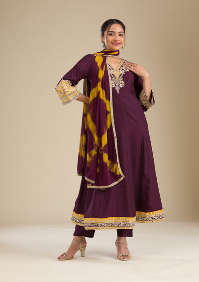 Wine Zariwork Chiffon Readymade Salwar Suit-Koskii