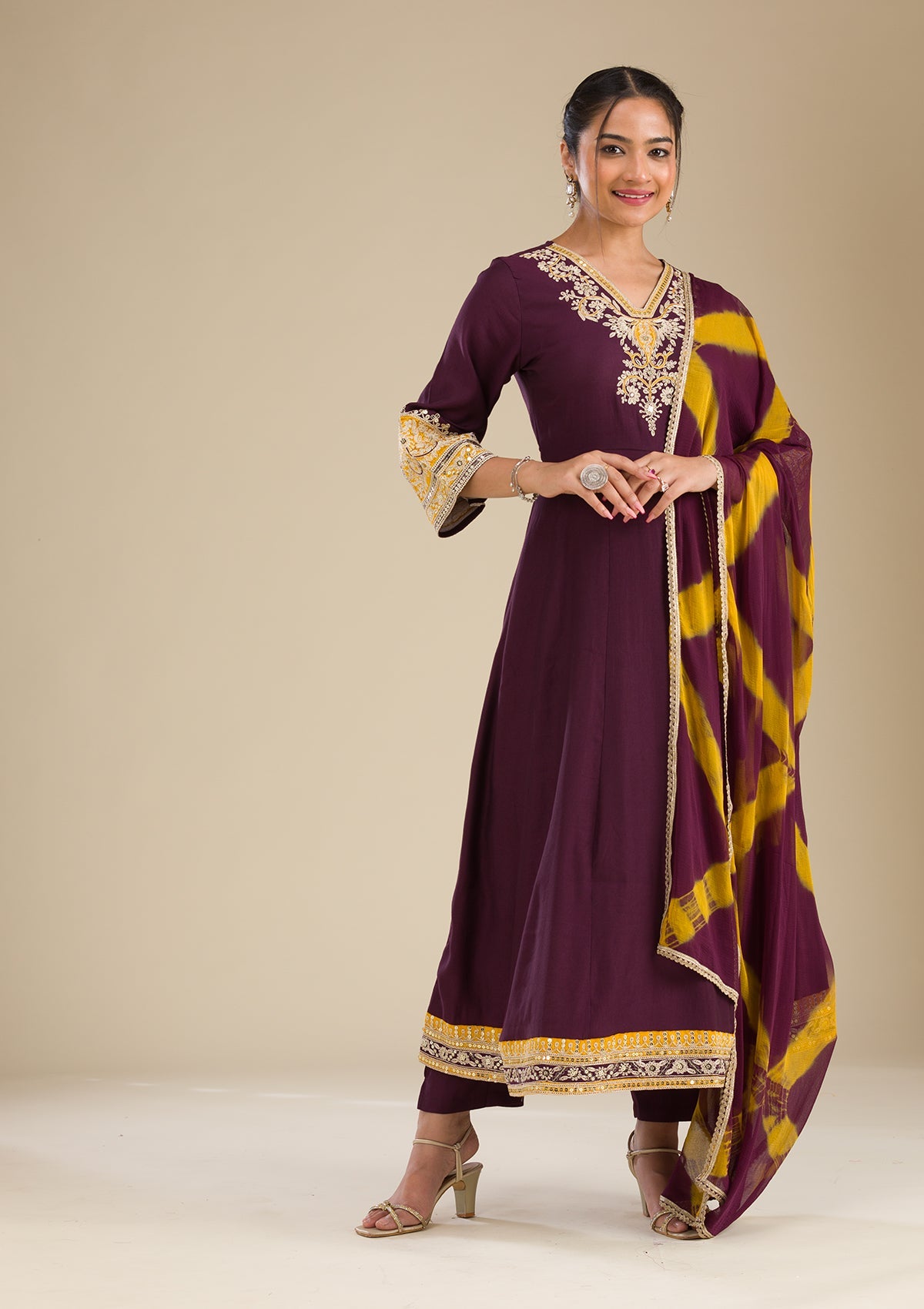 Wine Zariwork Chiffon Readymade Salwar Suit-Koskii