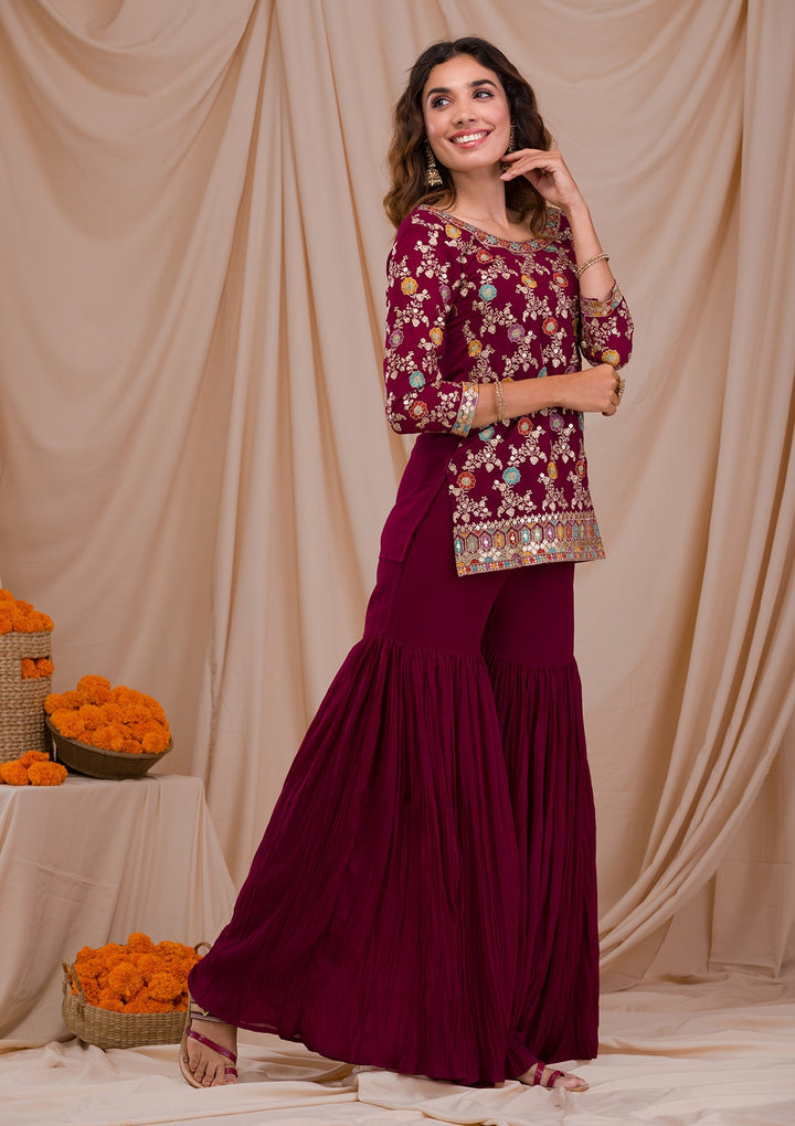 Wine Zariwork Georgette Readymade Salwar Suit-Koskii