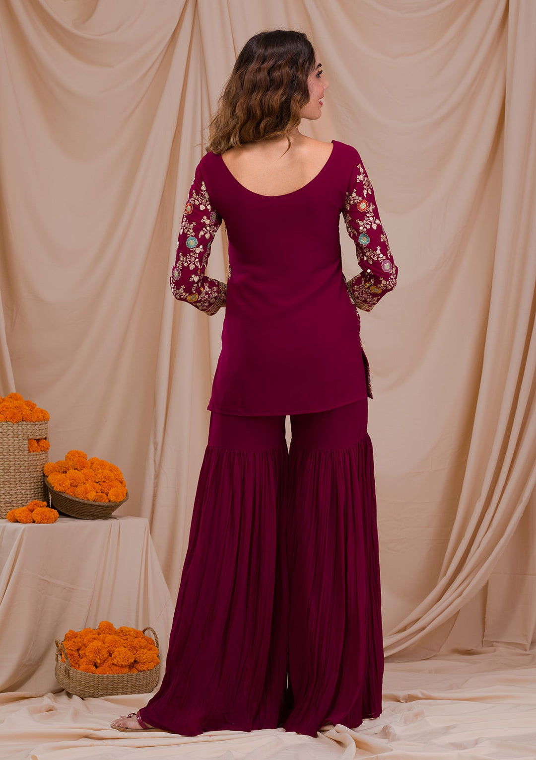 Wine Zariwork Georgette Readymade Salwar Suit-Koskii