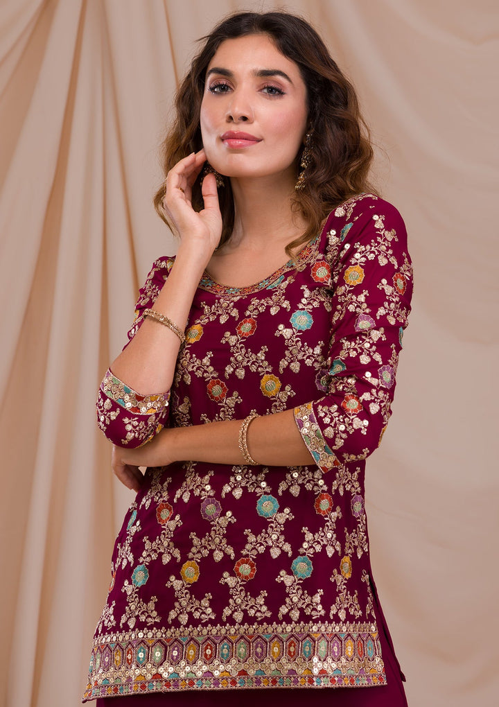 Wine Zariwork Georgette Readymade Salwar Suit-Koskii