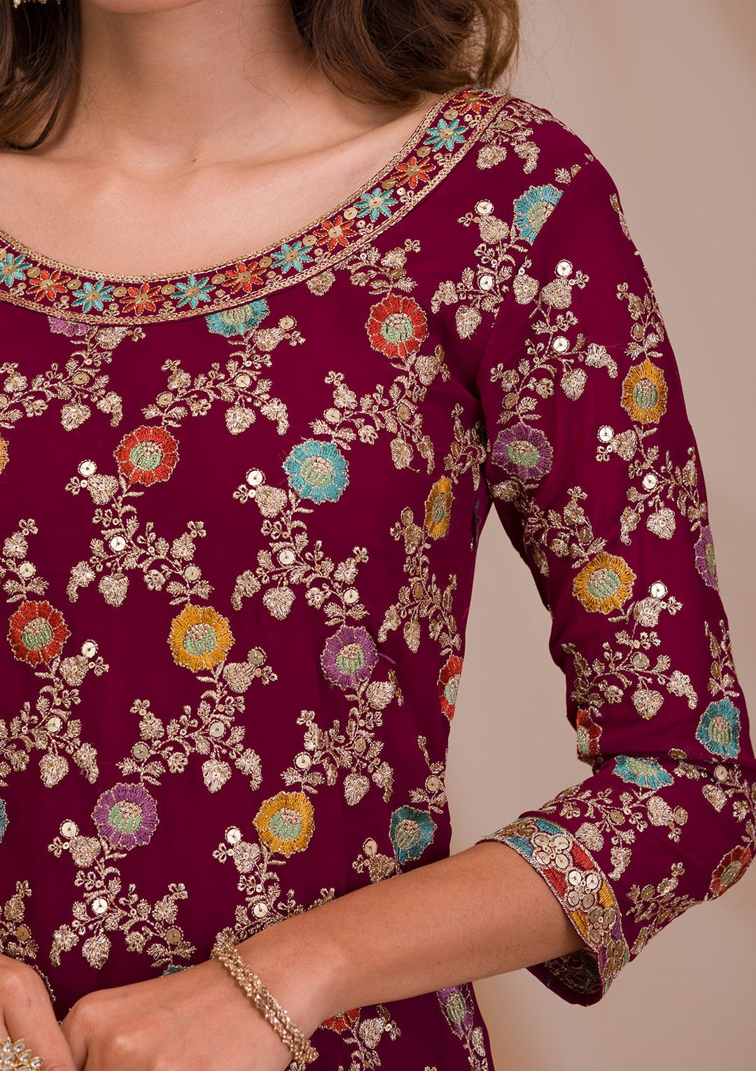 Wine Zariwork Georgette Readymade Salwar Suit-Koskii