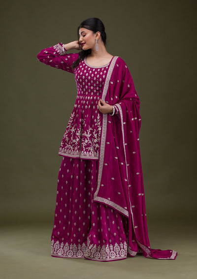 Wine Zariwork Georgette Readymade Salwar Suit-Koskii