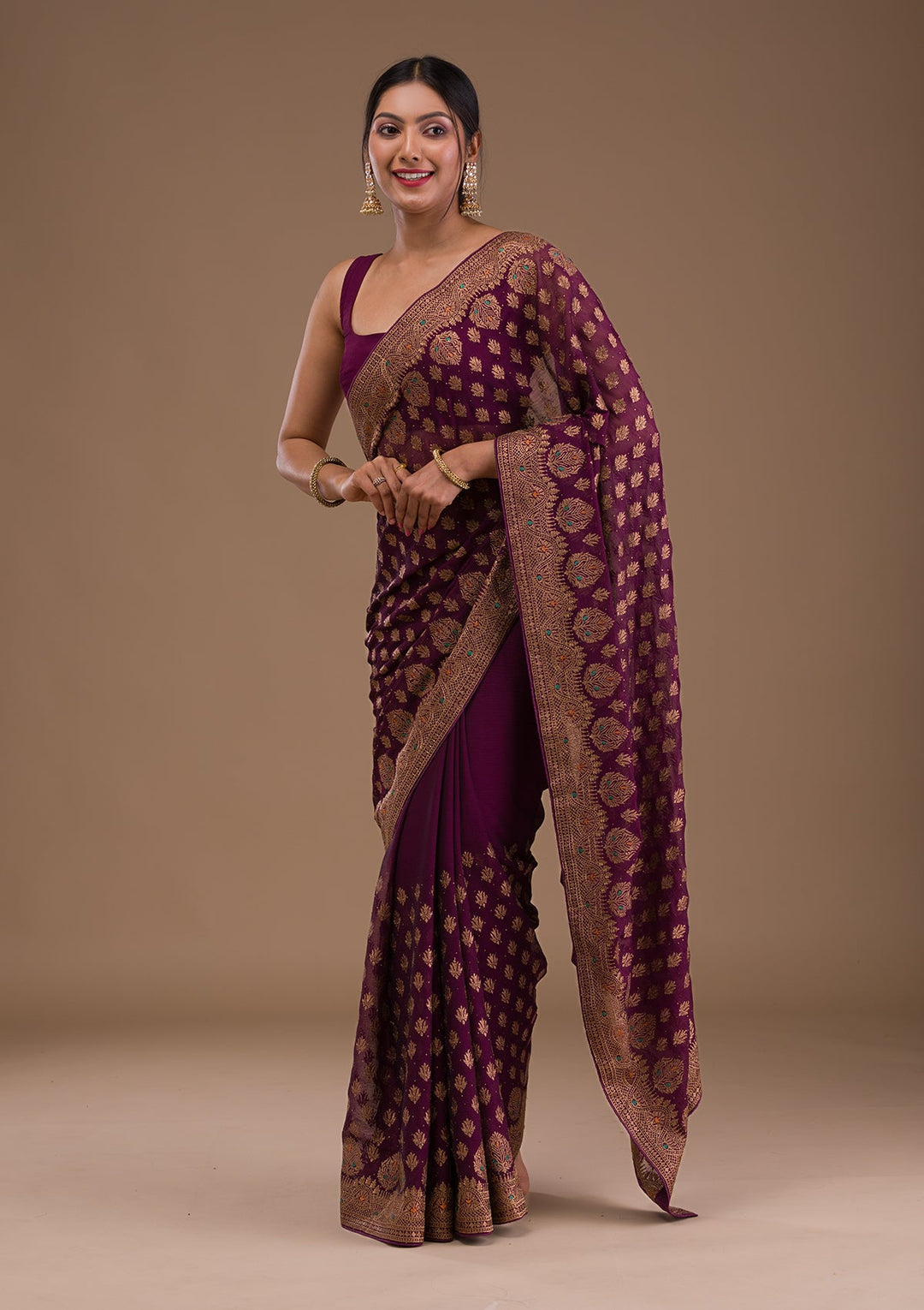Wine Zariwork Georgette Saree-Koskii