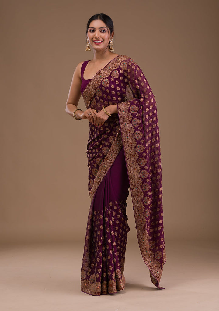 Wine Zariwork Georgette Saree-Koskii