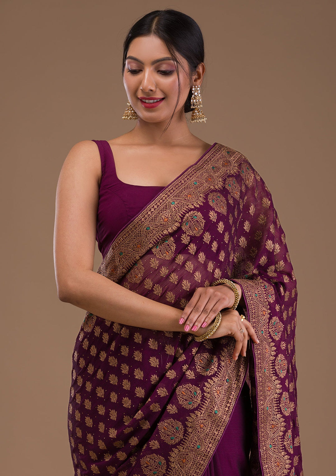 Wine Zariwork Georgette Saree-Koskii