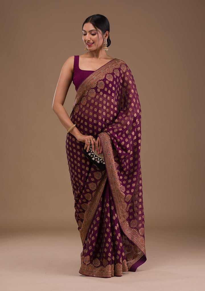 Wine Zariwork Georgette Saree-Koskii