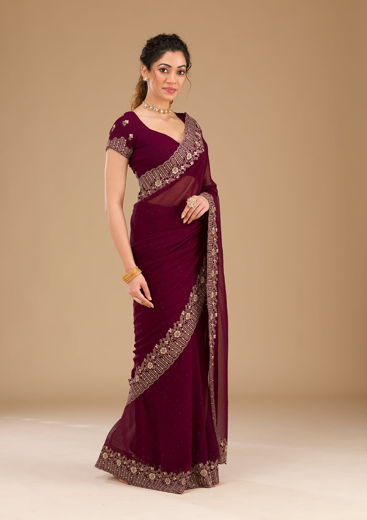 Wine Zariwork Georgette Saree