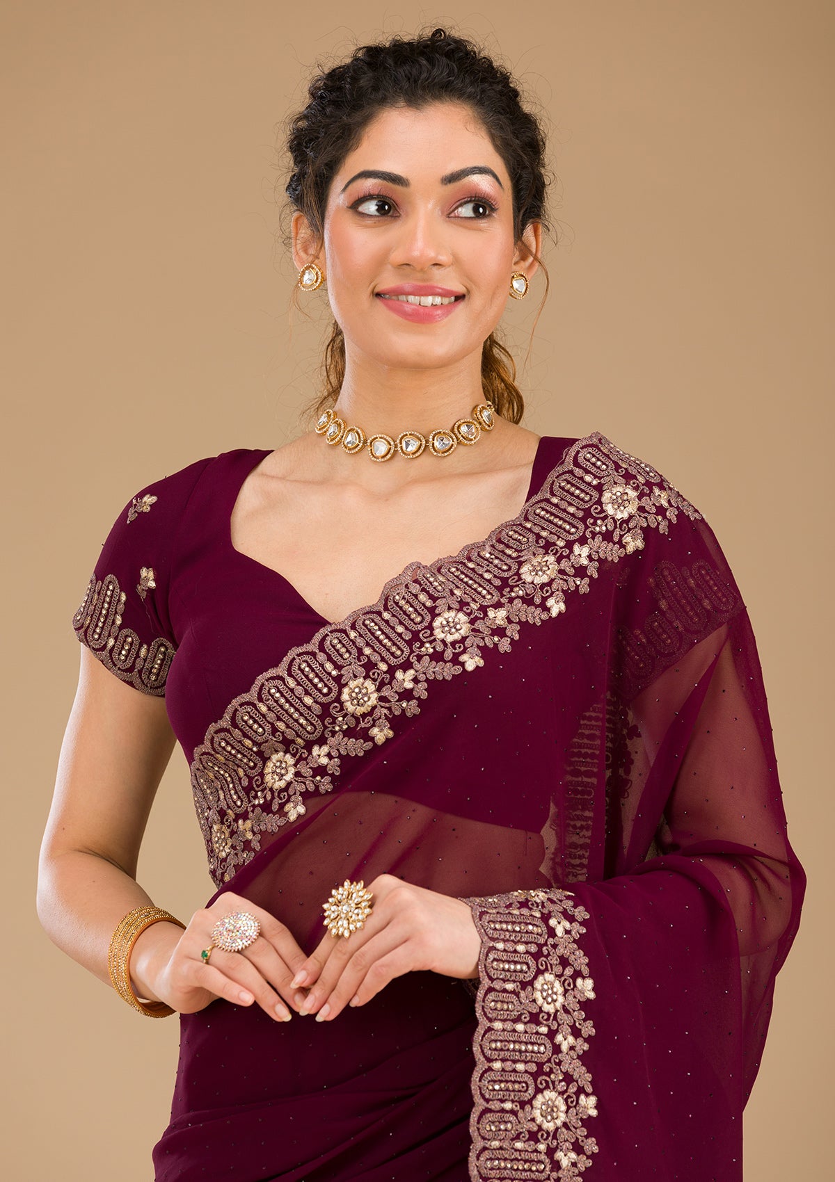 Wine Zariwork Georgette Saree