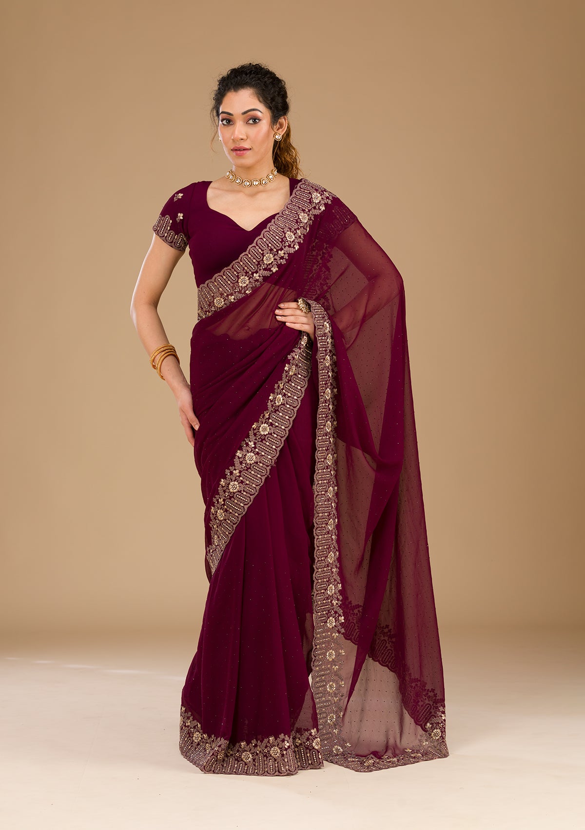 Wine Zariwork Georgette Saree