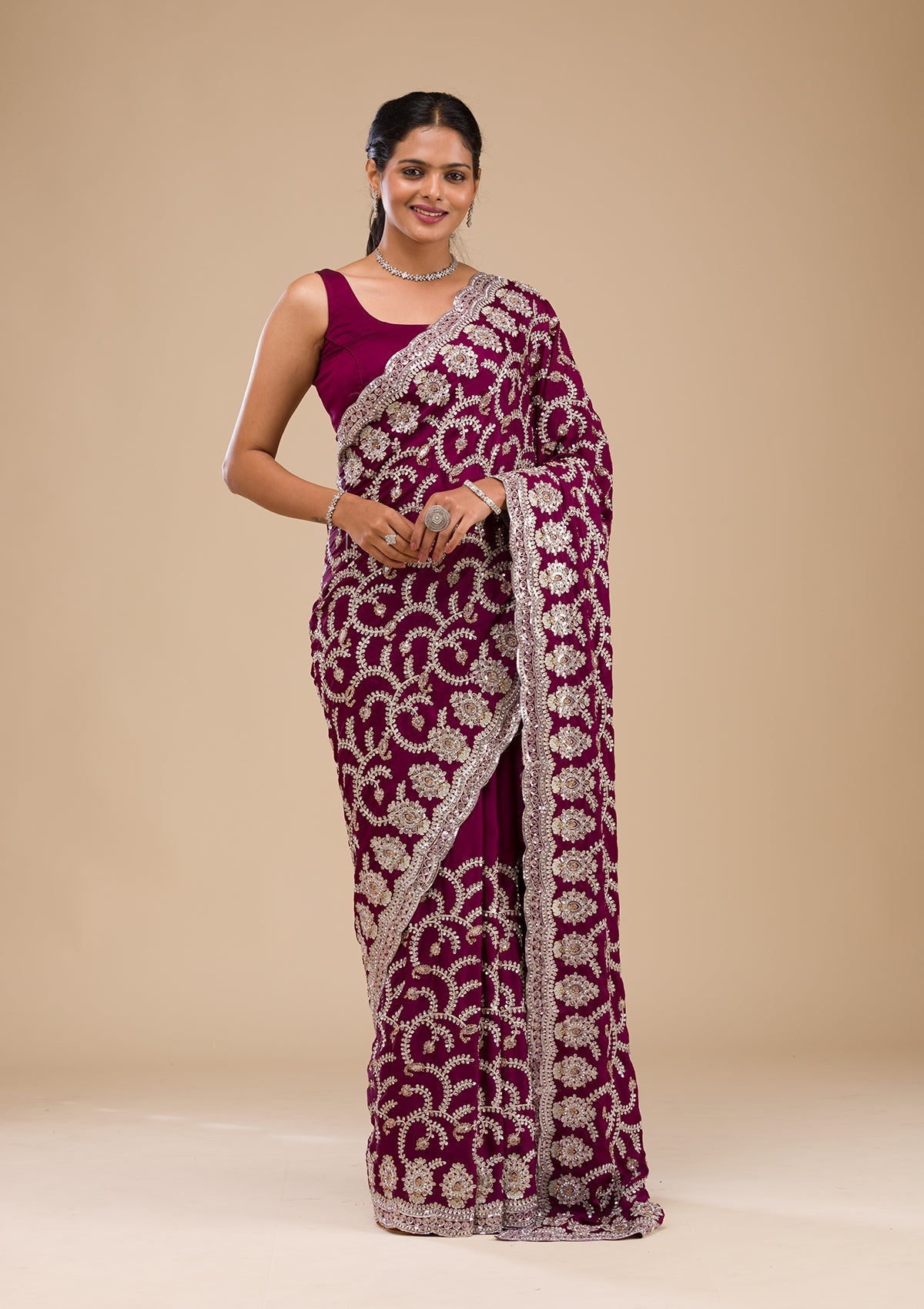 Wine Zariwork Georgette Saree