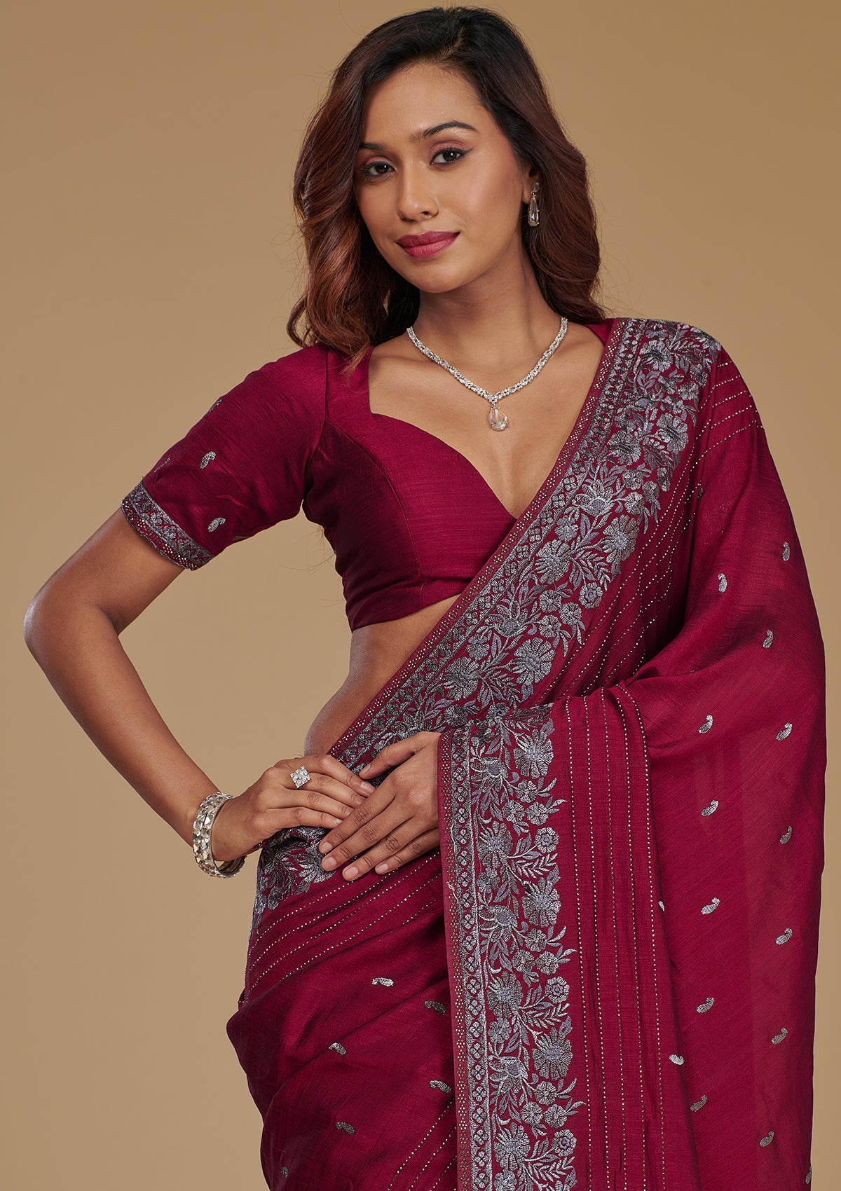 Wine Zariwork Georgette Saree-Koskii