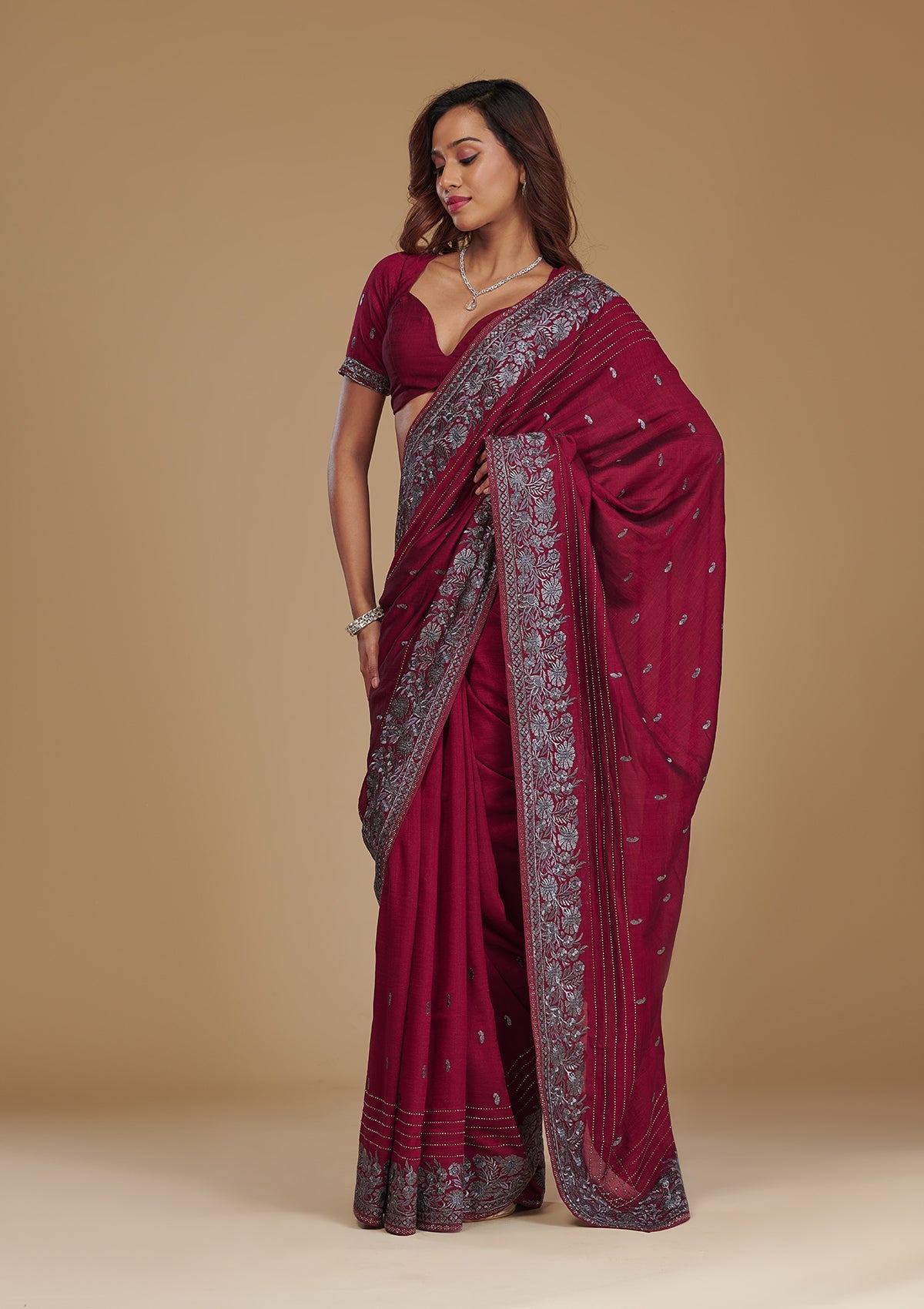 Wine Zariwork Georgette Saree-Koskii