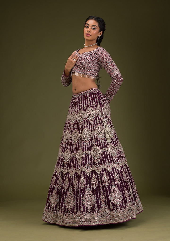 Wine Zariwork Net Readymade Lehenga-Koskii