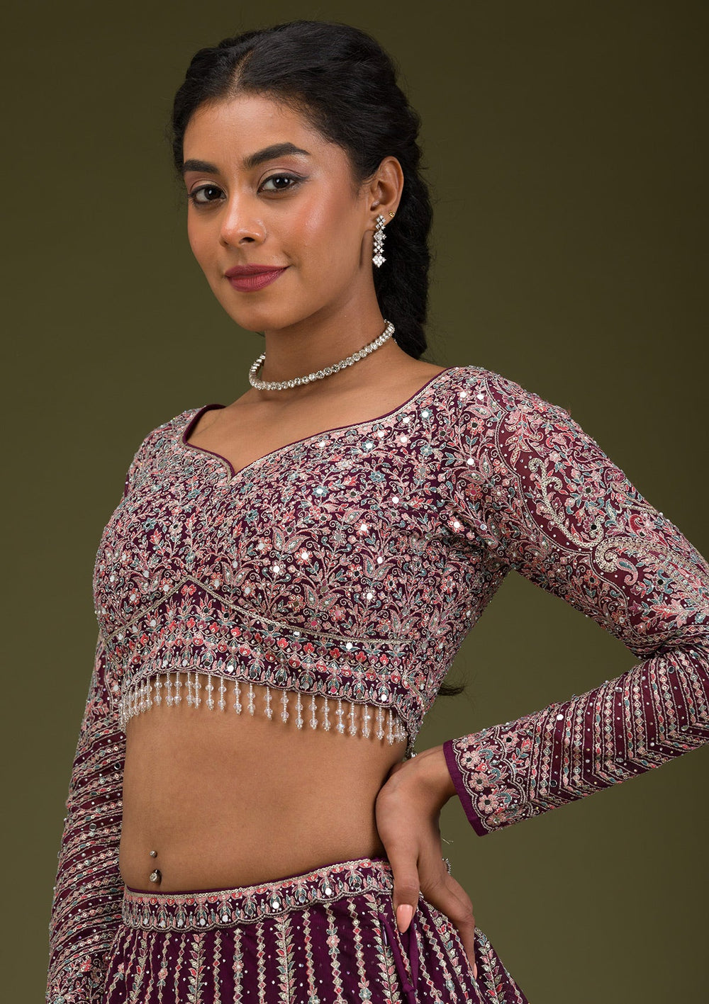 Wine Zariwork Net Readymade Lehenga-Koskii