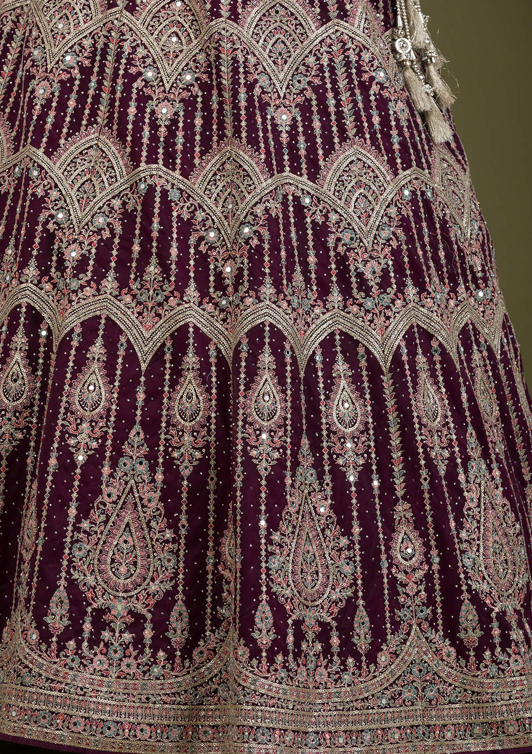 Wine Zariwork Net Readymade Lehenga-Koskii