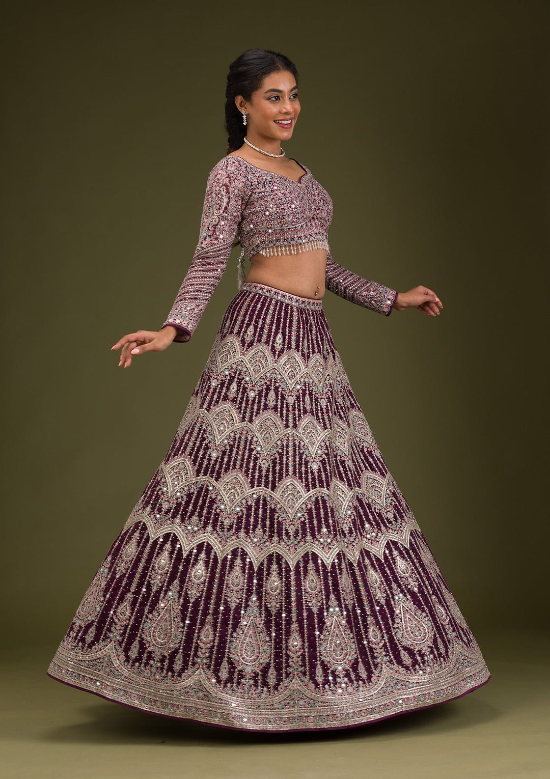Wine Zariwork Net Readymade Lehenga-Koskii