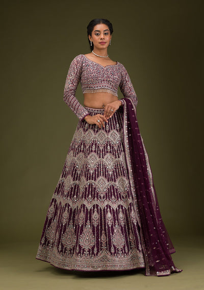 Wine Zariwork Net Readymade Lehenga-Koskii