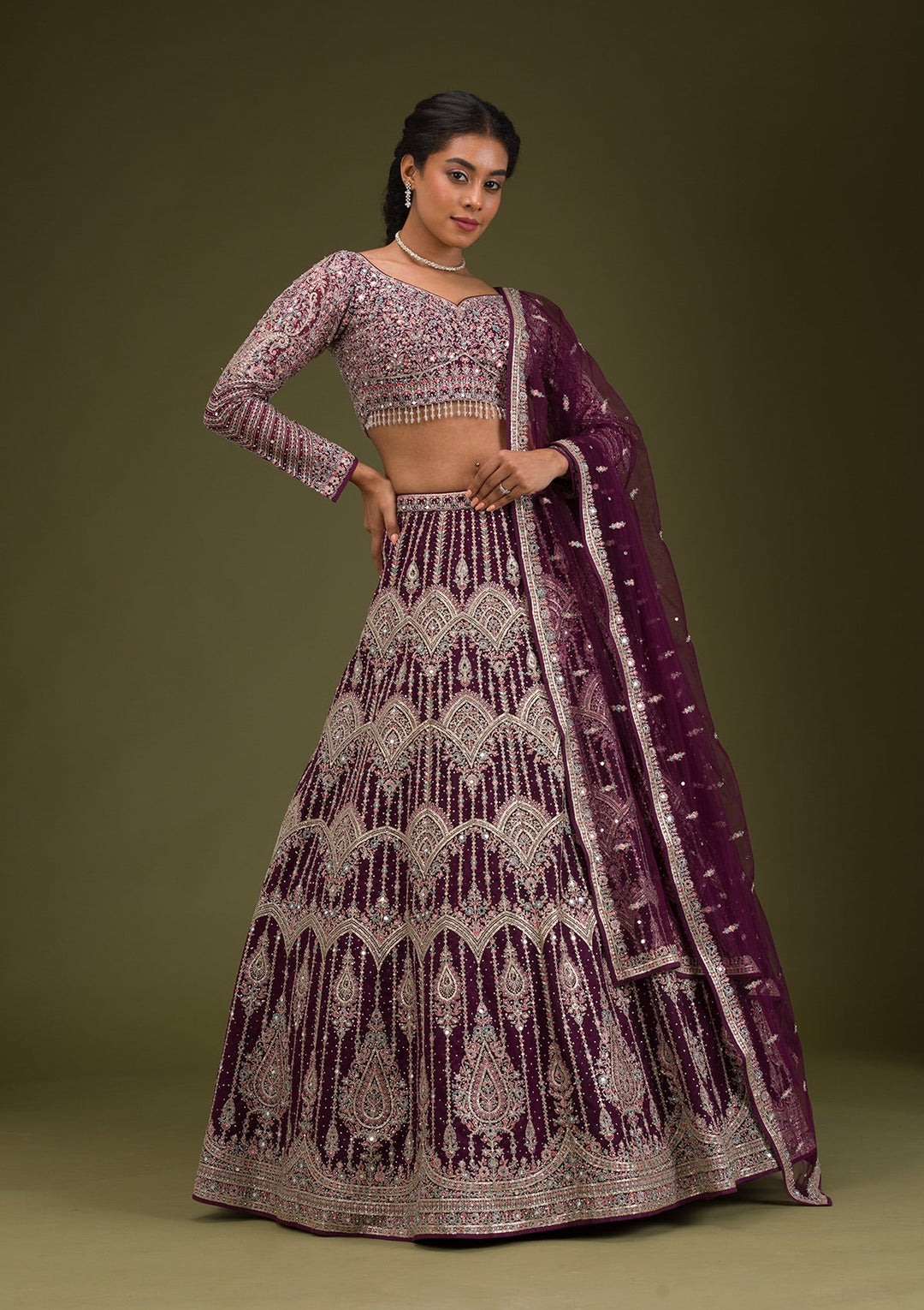 Wine Zariwork Net Readymade Lehenga-Koskii