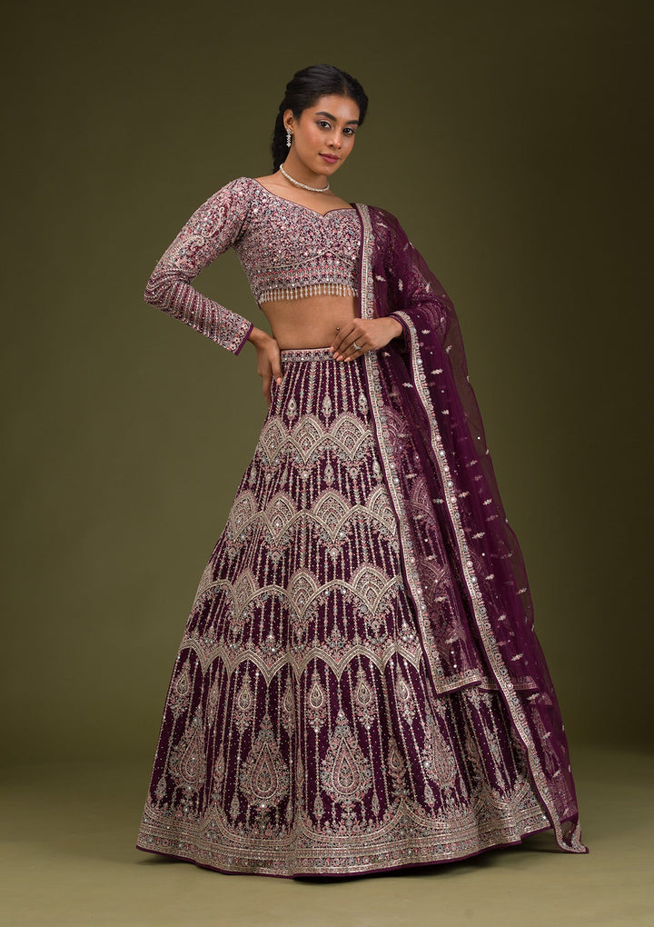Wine Zariwork Net Readymade Lehenga-Koskii