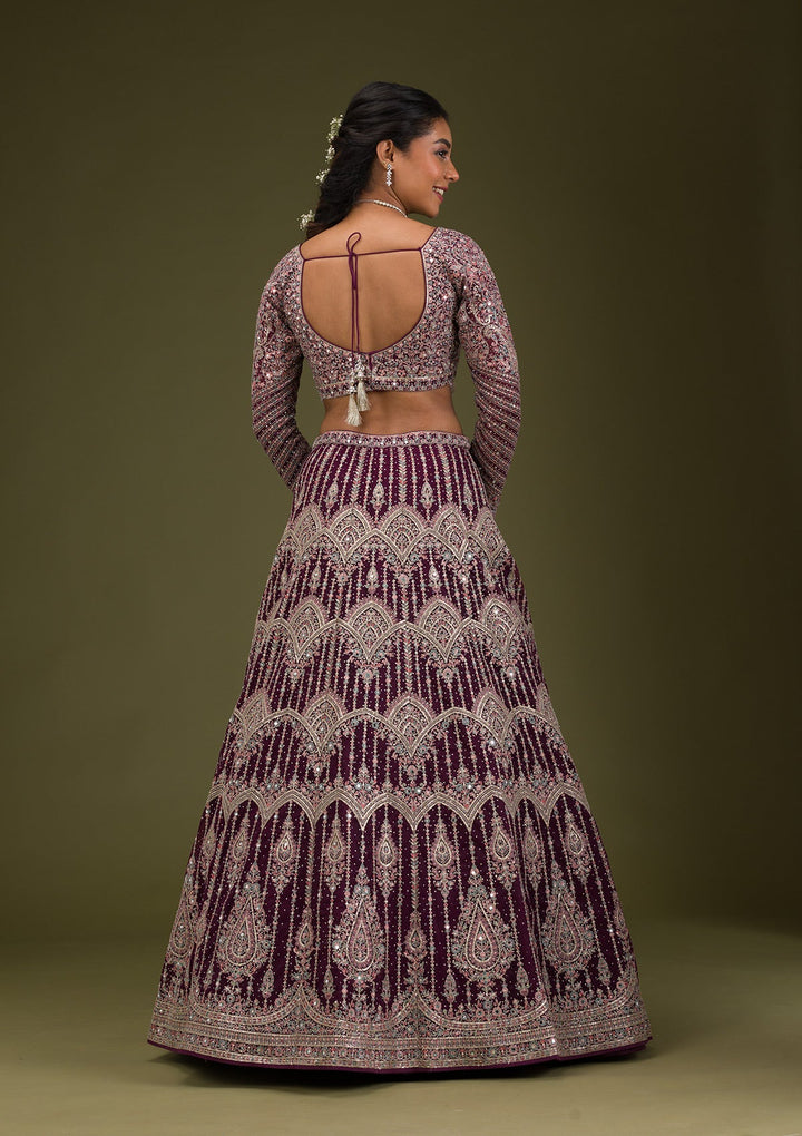 Wine Zariwork Net Readymade Lehenga-Koskii