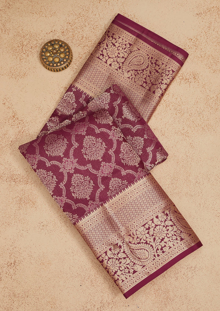 Wine Zariwork Pure Silk Saree-Koskii