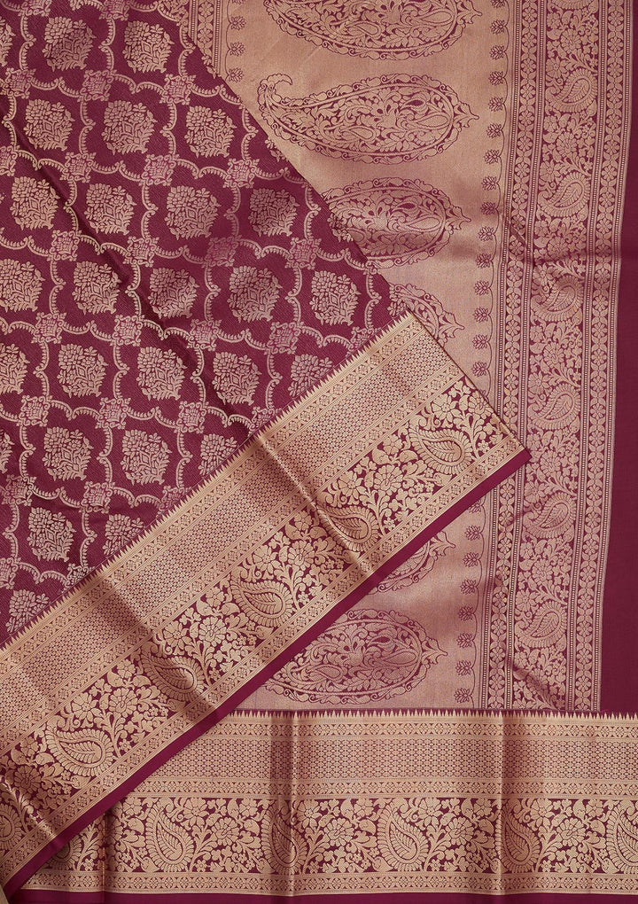 Wine Zariwork Pure Silk Saree-Koskii