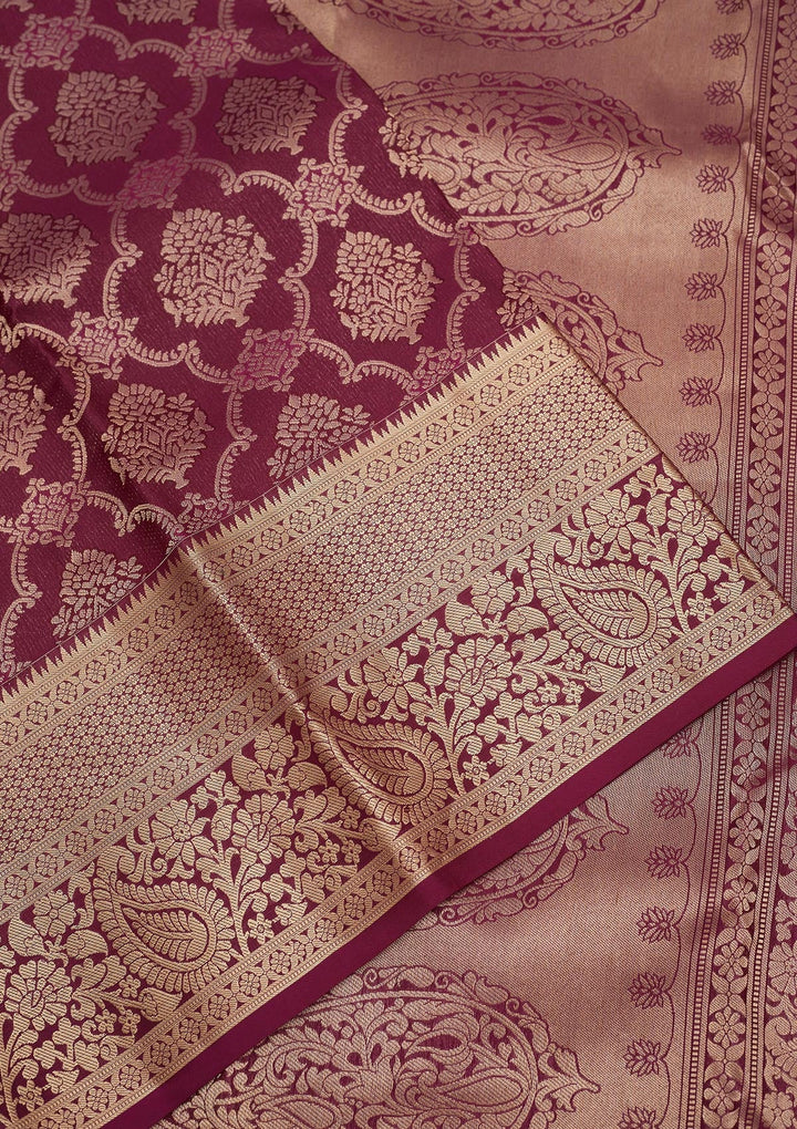 Wine Zariwork Pure Silk Saree-Koskii