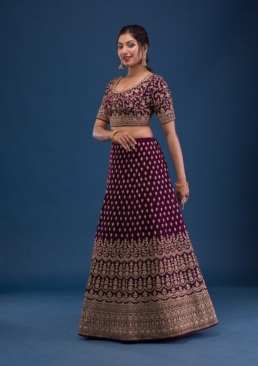 Wine Zariwork Raw Silk Readymade Lehenga-Koskii