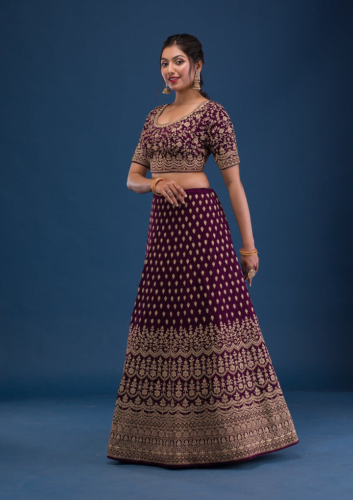 Wine Zariwork Raw Silk Readymade Lehenga-Koskii