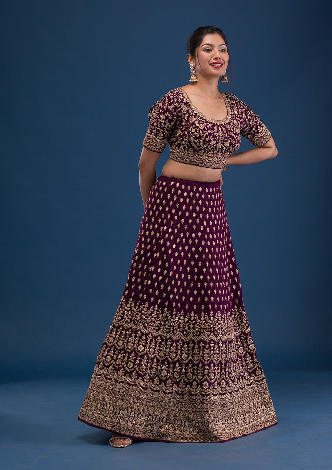 Wine Zariwork Raw Silk Readymade Lehenga-Koskii