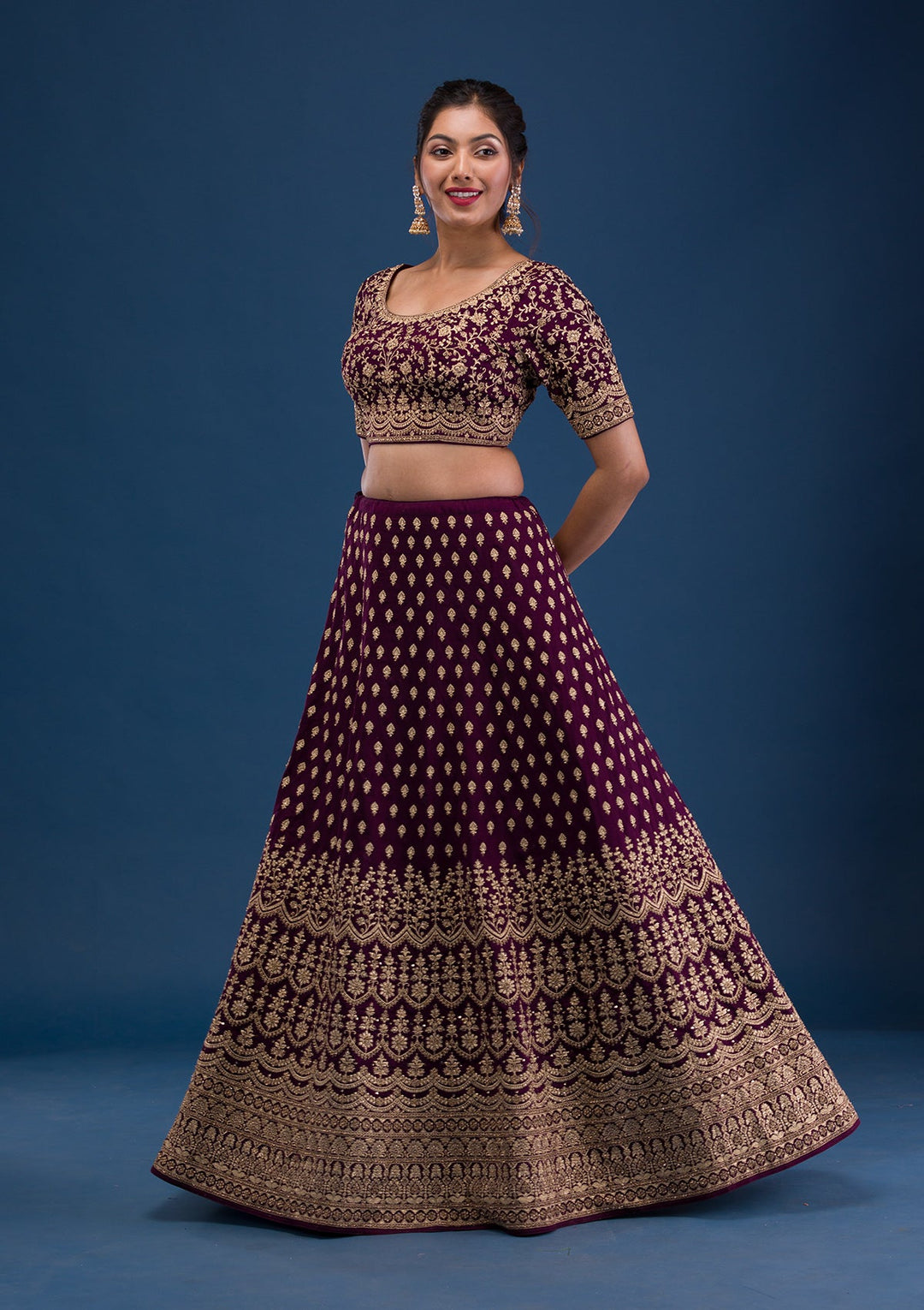 Wine Zariwork Raw Silk Readymade Lehenga-Koskii