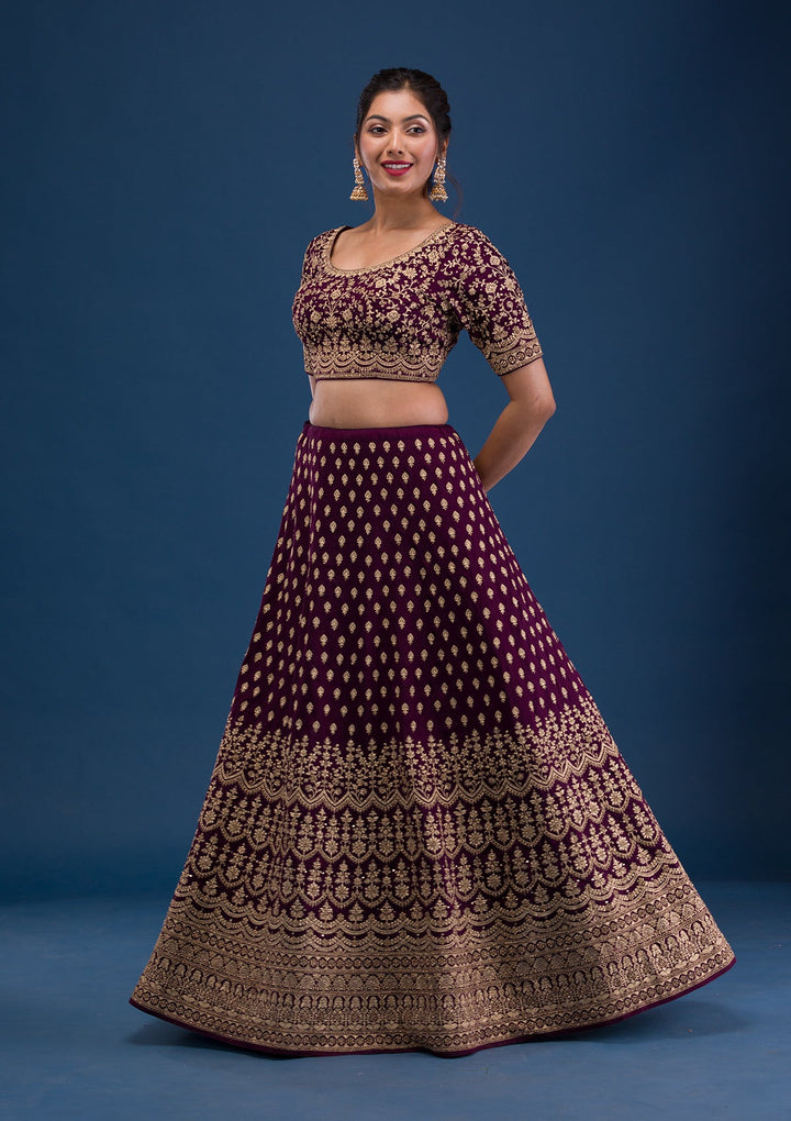 Wine Zariwork Raw Silk Readymade Lehenga-Koskii