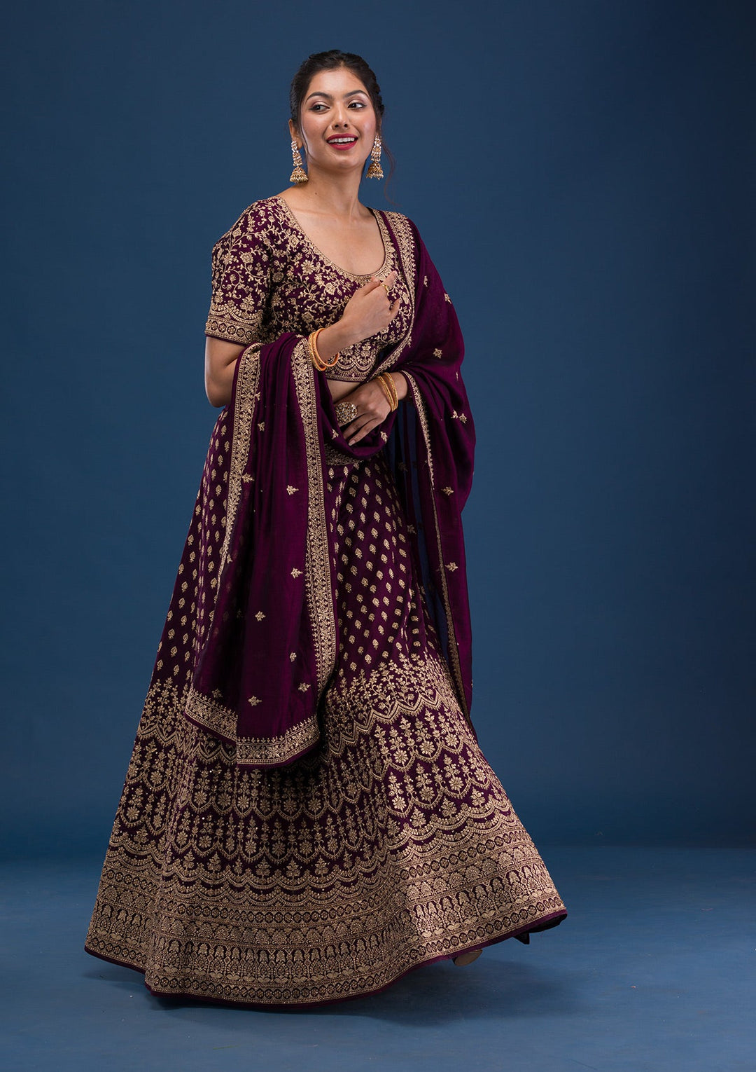 Wine Zariwork Raw Silk Readymade Lehenga-Koskii
