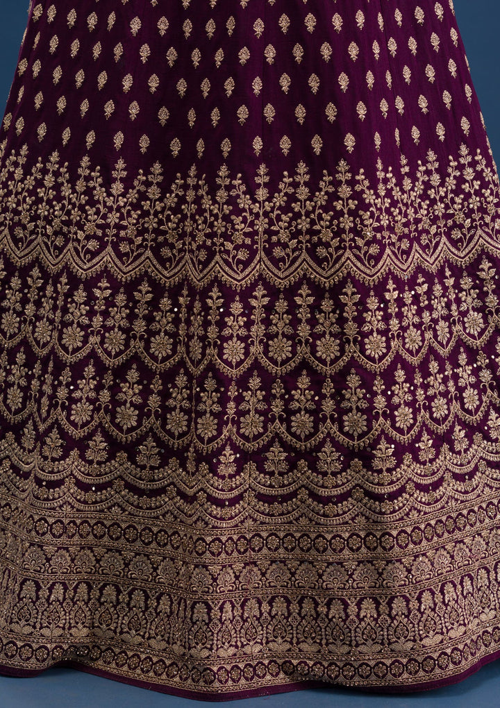 Wine Zariwork Raw Silk Readymade Lehenga-Koskii