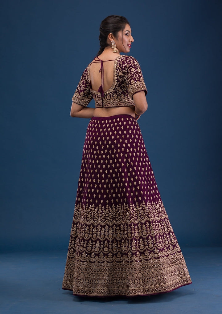 Wine Zariwork Raw Silk Readymade Lehenga-Koskii