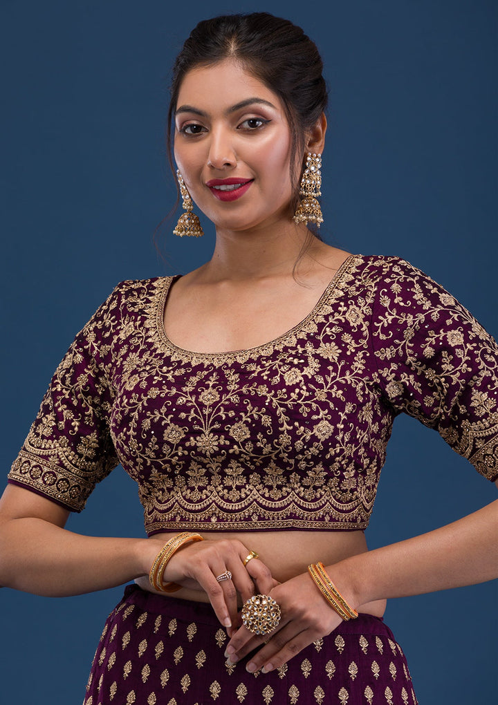 Wine Zariwork Raw Silk Readymade Lehenga-Koskii